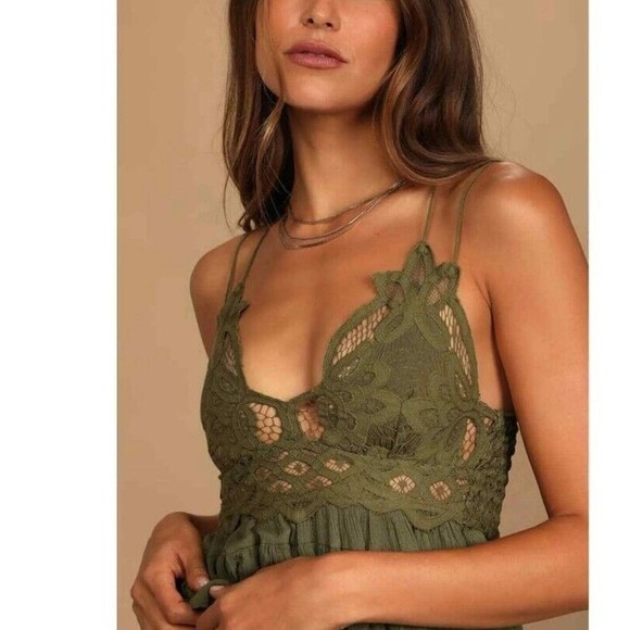 Free People Adela Cami Olive Green Tank Top Size M  Lace NWT  Party Cami - Picture 4 of 12